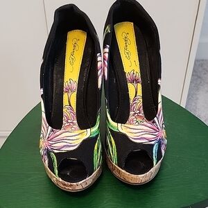 Ed Hardy Black Floral Platform Peep-Toe Shoes